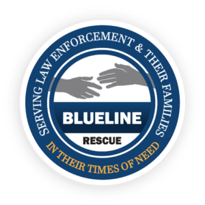 Circular logo with two reaching hands above the word "BLUELINE" in blue, "RESCUE" in white below it. Text around edge reads: "SERVING LAW ENFORCEMENT & THEIR FAMILIES IN THEIR TIMES OF NEED.