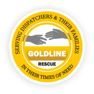 Circular logo with two hands reaching towards each other above the words "GOLDLINE RESCUE." Text around the edge reads "SERVING DISPATCHERS & THEIR FAMILIES IN THEIR TIMES OF NEED.