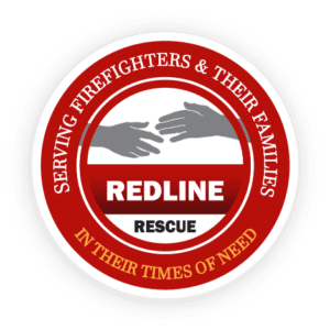 A circular logo with the text "Redline Rescue" in the center, surrounded by the phrases "Serving Firefighters & Their Families" at the top and "In Their Times of Need" at the bottom, with two hands reaching out.