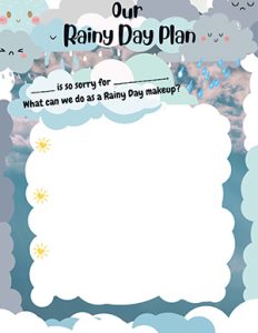 A decorative "Our Rainy Day Plan" template with clouds, raindrops, and blank spaces to fill in activities for a rainy day.