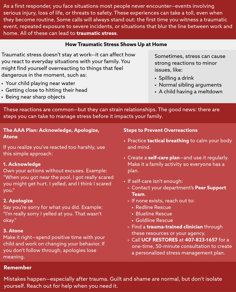 An infographic for first responders lists signs of traumatic stress, steps for prevention, and resources for support, with highlighted tips and a reminder on handling mistakes.